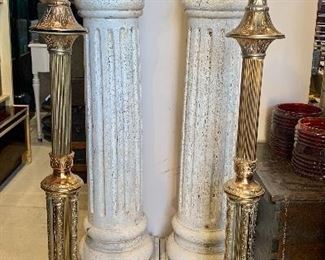 Vintage Funeral candelabra with ruby sconces, Cross finial caps, outstanding Pair of carved wood architectural pillars 