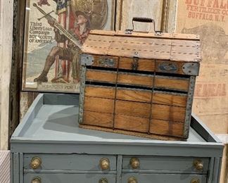 Antique 6 drawer General Store counter top cabinet with floral brass pulls, Original WWI  Boy Scouts of America USA Bonds Lithograph, Antique Steamer, Railroad, Wooden “Valuable Dog” Carrier Travel Crate