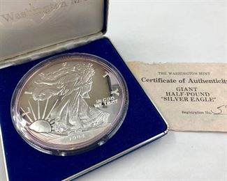 999 Half pound Silver Eagle Coin in presentation case with certificate 