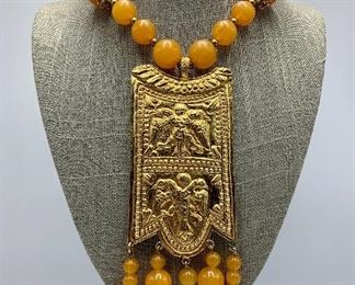 Egyptian Revival Kenneth J Lane statement necklace with Faux Amber beads & embossed double headed Eagle 