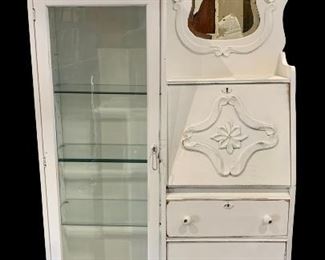 Victorian era white washed with Secretary, beveled mirror, glass door “ shelves, pull down writing desk, claw paw feet 