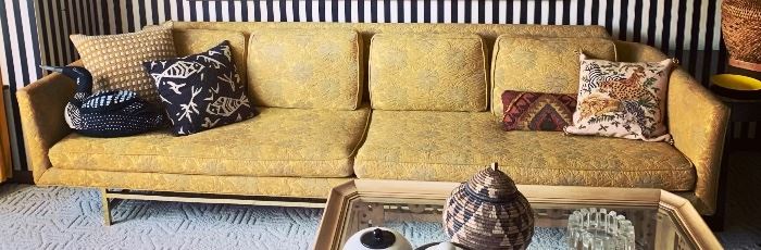 Sleek Mid Century Erwin-Lambeth Goldenrod Floral Jacquard Sofa with Brass Hued metal Legs