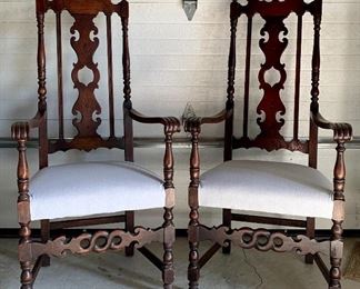 Superb Pair of antique Jacobean Style 51” tall Great Hall armchairs with updated Gray cotton fabric upholstery 