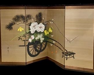 4 panel vintage hand painted Silk folding 36” tall x 66” wide Demi screen/wall art, Artist signed, embossed metal hardware