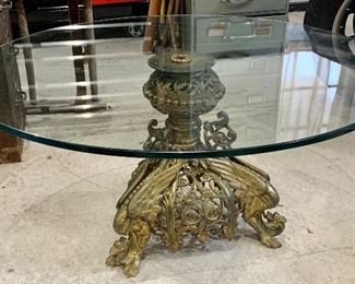 Exceptionally Ornate Brass Dragon Round Clear Glass Top Winged Creature Coffee Table 
