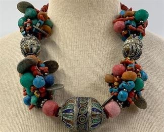 Bold vintage statement necklace brought back from Morocco with natural stones, pottery beads, embossed coins and inlaid baubles - the matching belt is pictured Separately 