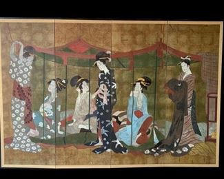 Fine Mid Century 84” x 57” Charlton Japan 4 panel Gilded paper Geisha folding Screen, Wall Art 