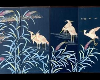 Superb Mid Century hand painted wood 4 panel Heron screen, 4.5’ x 3’ wall art 