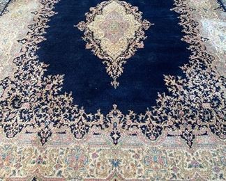 Gorgeous vintage 8’ x 10’ navy wool Persian rug with cream, pink, sky blue, azure and goldenrod 