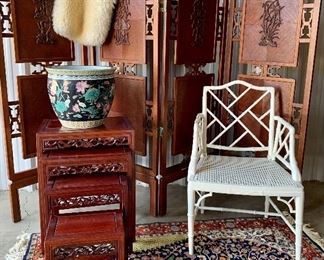 Mid Century gems: Tree of life Persian rug, Cream faux bamboo canes seat side chair, 4 piece cutwork nesting tables, Large porcelain Jardiniere, Large wood 4 panel Folding screen with Far East detailing and raised floral panels  
