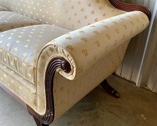 Divine Mid Century Duncan Phyfe Style rolled arm sofa, brass paw caps, swag detailing and exquisite Napoleonic bee  jacquard upholstery in a soft buttercream hue and original order tag