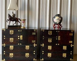 Pair of quality Mid Century Hekman brass pull Bedside Cabinets, End table storage Cupboards and period accessories 