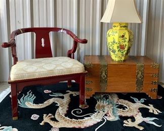 Fab vintage Century Chair Asian side chair, Mid Century large porcelain lamp, etched dragon strapped wood trunk and thick pile wool Dragon rug 