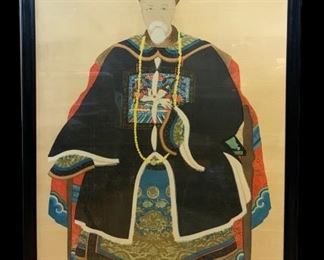 Large 41” old Chinese Ancestral hand painted Portrait on Silk in Mid Century framing