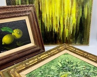Trio of Artist Signed Mid Century Art: Guisioni Oil on Canvas Still Life, NANCI Z MCM Abstract oil on canvas, Charles Wendall Helgason oil on canvas dimensional painting 