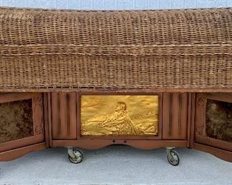 Antique Victorian era woven Wicker Funeral Parlor Casket on a 1930s Illuminated WEBER Casket Bier (6 Casket Biers (coffee table height) available in assorted sizes and designs)