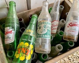 Early Soda Glass Bottles in Clear, Green and Chocolate 