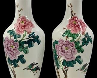 Pair of Large 21” tall Mid Century era Signed porcelain bird & bloom hall vases, hand painted detailing, wood risers