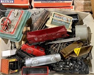 Many vintage Lionel & Marx Train cars, train track, boxes and accessories, Old Steam Engine 