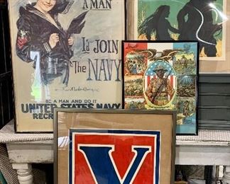 3 Original WWI Military Propaganda War Posters (V for Victory, Our Colored Troops & Remember Belgium) 1 Repro (Howard Chandler Christy)