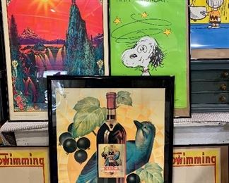 Assorted Vintage Advertising & Comic Posters:
Art Deco era Swimming posters, 1958 Schulz, Psychedelic 1970 Garden of Eden, early Sisca Cassis Advertising 