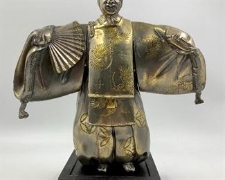 Japanese Bronze Kabuki Noh Theatre Dancer Statue with Mask (petite prongs on the sides of the mask are missing)
