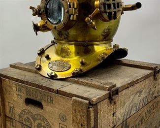 Vintage Reproduction Metal Maritime Dive Helmet, Large Antique Krantz Brewing Company lidded wood Crate  