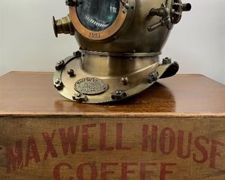 Large sized Antique Maxwell House Coffee wood box, vintage Reproduction Maritime metal Dive Helmet 