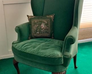 Henredon Fine Furniture Mid Century Queen Anne Style Wingback chair in emerald velveteen 