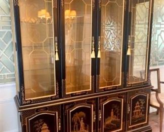 Outstanding Habersham Chinoiserie lighted China Cabinet, Display & Storage Hutch, 77” x 18” x 86”