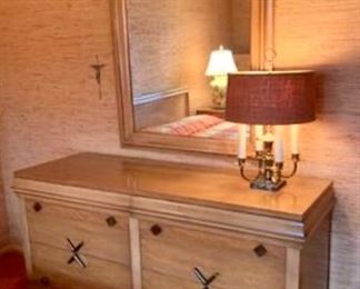 5 pc FANCHER Mid Century light Maple bedroom suite - Highboy, Headboard, Nightstand, Dresser & Mirror 