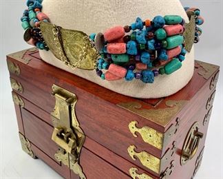  Vintage Asian silk lined jewel Box with 3 interior drawers and hinged lid, lock key is present, Fantastic vintage Moroccan hip belt with coordinating necklace photographed separately 