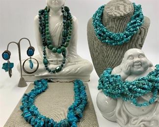 Fab assortment of vintage Turquoise, Sterling and Natural Stone jewelry, Mid Century Buddha/Deity Porcelain Statues