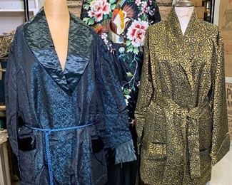 Opulent Mid Century era Embroidered full length Raven silk Robe and 2 Men’s silk jacquard Smoking/Lounge Jackets 