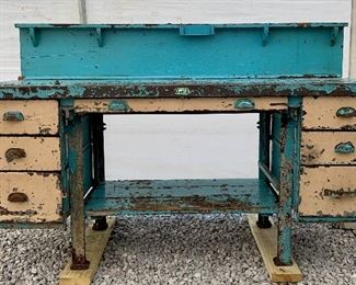 Vintage industrial Foundry workbench with butcher block top, heavy iron legs, Chippy buttercream and turquoise paint