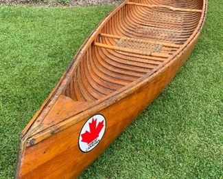 Super sweet Vintage 16’ Great Canadian Canoe Co. cedar strip canoe, rawhide seats, brass hardware and tag, 40” wide x 13” tall