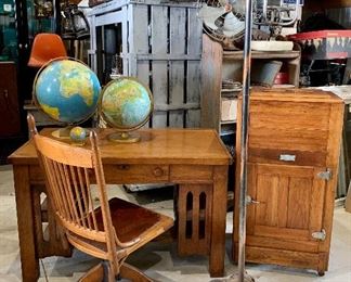 Fine Mission Oak Library Desk, Antique Japanned cast iron rotating Garment rack Base, assorted Mid Century globes, sweet antique FreZone Oak Icebox with lift up ice compartment and shelved interior 
