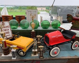 Vintage Mid Century era yellow and 80s era red Pedal Cars, vintage Drag Racing Trophies, Embossed parking Sign