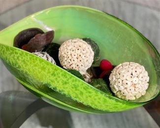 Art Glass Folded Bowl Decor Centerpiece Bowl Green 6 x 16 x 9in