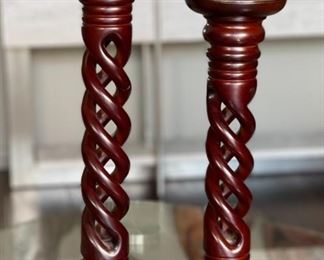 2pc Carved Wood Tiered Candle Stands PAIR Tallest: 16. 5 x 4.75in diameter