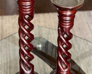2pc Carved Wood Tiered Candle Stands PAIR Tallest: 16. 5 x 4.75in diameter