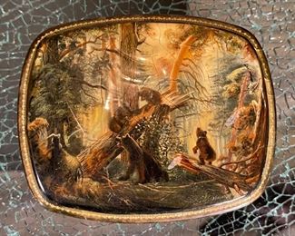 Russian Lacquer Trinket Box.Morning in Pine Forest by Shishkin Bears 1 x 4.5 x 3.5in HxWxD