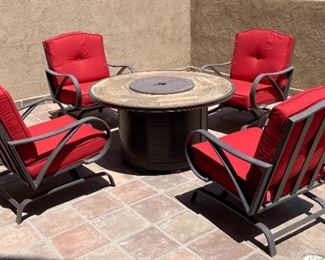 5pc Outdoor Patio Set Sunbrella Outdoor Fire pit & Chairs Table: 25 x 48 diameterChairs: 35.5 x 28 x 33