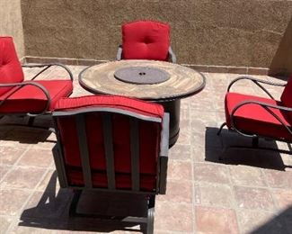 5pc Outdoor Patio Set Sunbrella Outdoor Fire pit & Chairs Table: 25 x 48 diameterChairs: 35.5 x 28 x 33