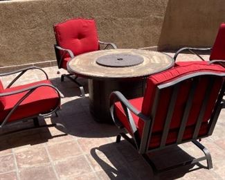 5pc Outdoor Patio Set Sunbrella Outdoor Fire pit & Chairs Table: 25 x 48 diameterChairs: 35.5 x 28 x 33