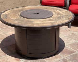 5pc Outdoor Patio Set Sunbrella Outdoor Fire pit & Chairs Table: 25 x 48 diameterChairs: 35.5 x 28 x 33