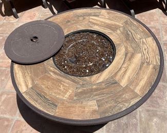 5pc Outdoor Patio Set Sunbrella Outdoor Fire pit & Chairs Table: 25 x 48 diameterChairs: 35.5 x 28 x 33