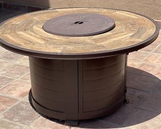 5pc Outdoor Patio Set Sunbrella Outdoor Fire pit & Chairs Table: 25 x 48 diameterChairs: 35.5 x 28 x 33