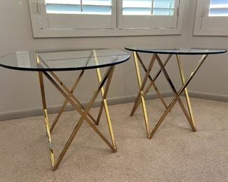 2pc contemporary Gold X Frame Glass Top End Tables Nightstands 21in H x 23.75in Diameter