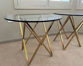 2pc contemporary Gold X Frame Glass Top End Tables Nightstands 21in H x 23.75in Diameter